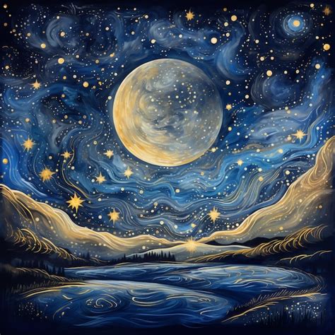 Premium AI Image | starry night painting of a full moon and stars over ...