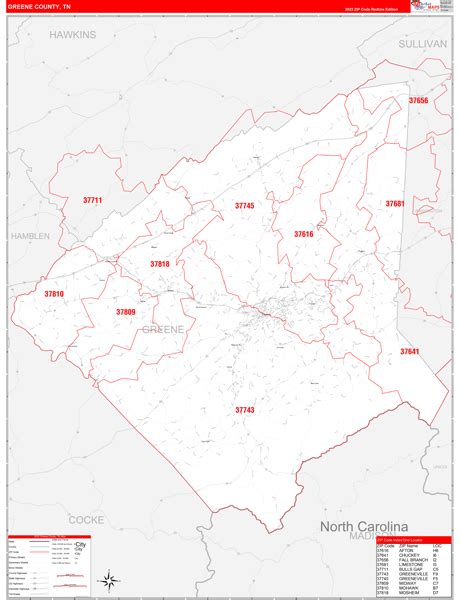 Greene County, TN Zip Code Wall Map Red Line Style by MarketMAPS - MapSales