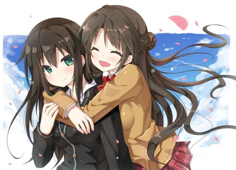 2girls blush brown_hair green_eyes hug idolmaster idolmaster_cinderella ...