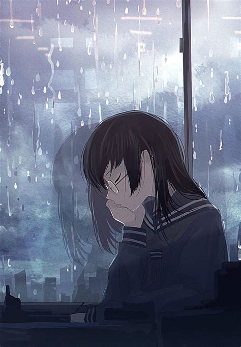 Download Anime Girl Sad Alone Sleeping Rainy Night Wallpaper ...