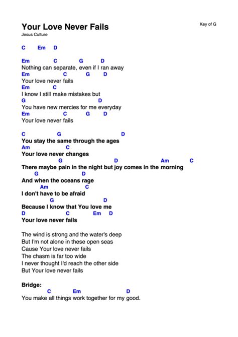 Your Love Never Fails - Worship Chord Chart printable pdf download