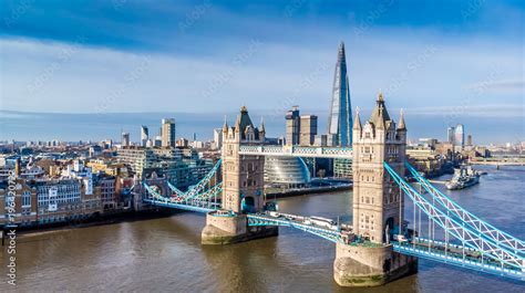 Aerial view on Tower Bridge and Shard in sunny day, London Stock Photo ...