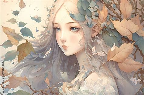 Fantasy Anime Medieval Fairy Girl Surrounded by Autumn Leaves and Vines ...