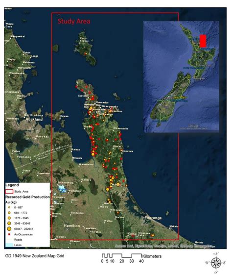 Map illustrating the Coromandel peninsula gold endowment. Data from ...