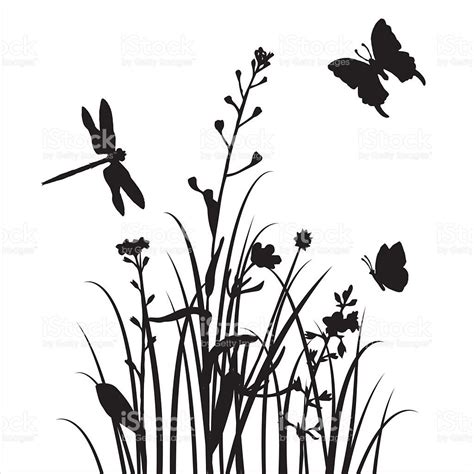 vector silhouettes of flowers and grass with butterflies and ...