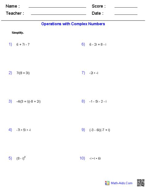 Algebra 2 Worksheets | Complex Numbers Worksheets