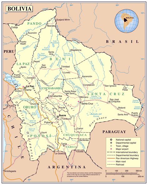 Large detailed political map of Bolivia with major cities and airports ...