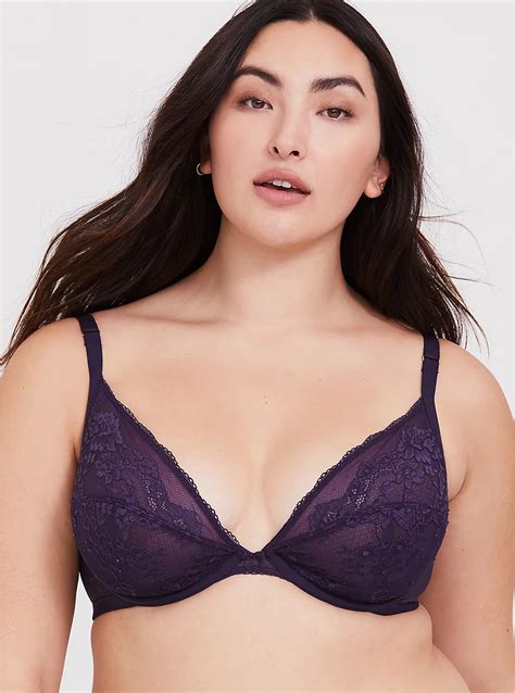 Plus Size - Dark Purple Mesh & Lace Unlined Plunge Bra - Torrid