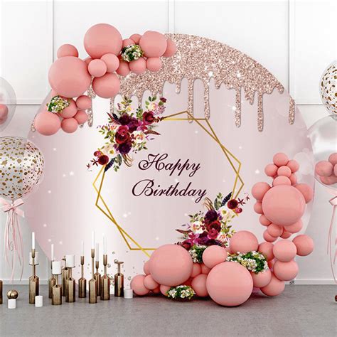 Light Pink Glitter Round Floral Happy Birthday Backdrop - Lofaris