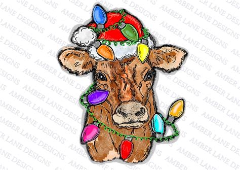 Cow With Santa Hat and Christmas Lights PNG Cow in Santa Hat | Etsy