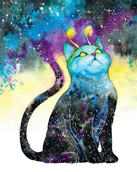 Space Cat Art Galaxy Wall Art Celestial Watercolor Alien - Etsy