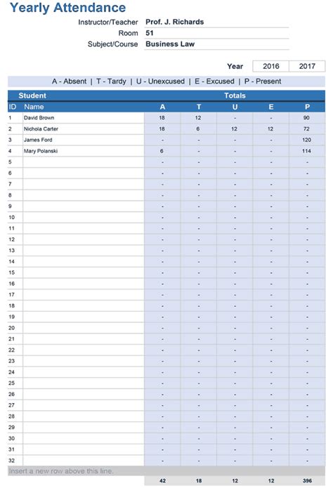 Printable Class Attendance Tracker for Excel