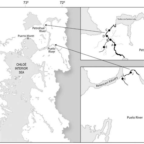 Map showing the areas sampled in the Petrohué and Puelo rivers ...