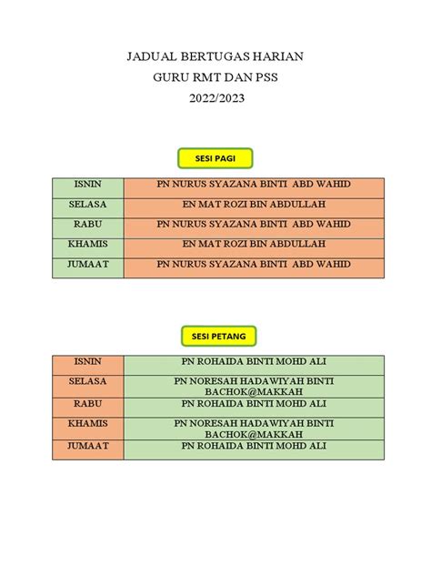 Jadual Bertugas Harian | PDF