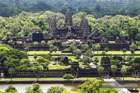 Aerial view of Angkor Wat, as seen from a hot air balloon; Siem Reap ...