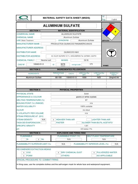 Aluminum Sulfate: Material Safety Data Sheet (MSDS) | PDF | Toxicity ...