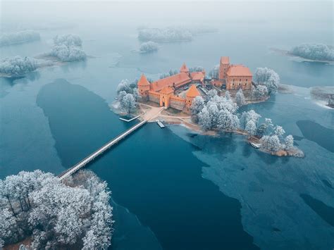 aerial view, castle, Lithuania, island, winter, mist, Trakai Island ...