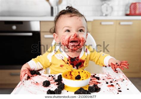 Funny Baby Laughing Face Eating Blackberries Stock Photo 2133014677 ...