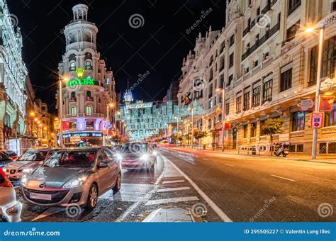 Night View of Gran Via in Madrid, Spain, with Traffic and Christmas ...