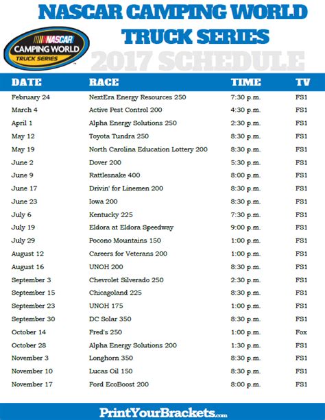 Printable Nascar Camping World Truck Series Schedule Nascar Trucks ...