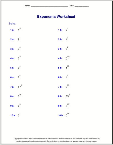 Free exponents worksheets