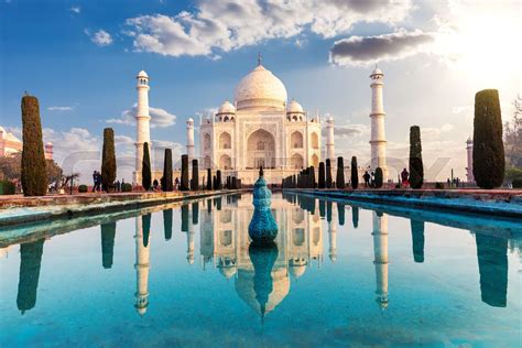 Taj Mahal and its reflection, famous view of India, Agra | Stock image ...