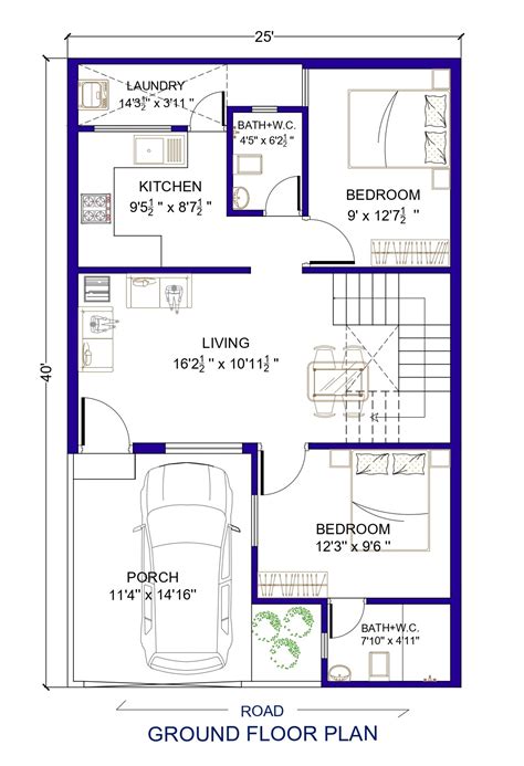 25 x 40 House Plan 2 BHK | 1000 Sq. Ft. House Design - Architego