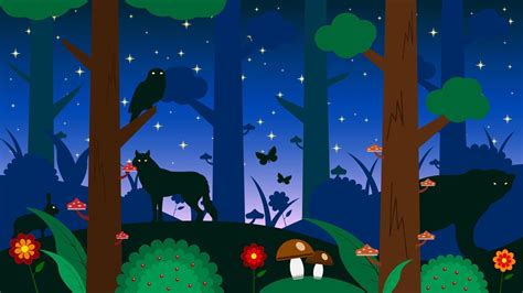 Forest at night animals silhouette cartoon background 2410145 Vector ...