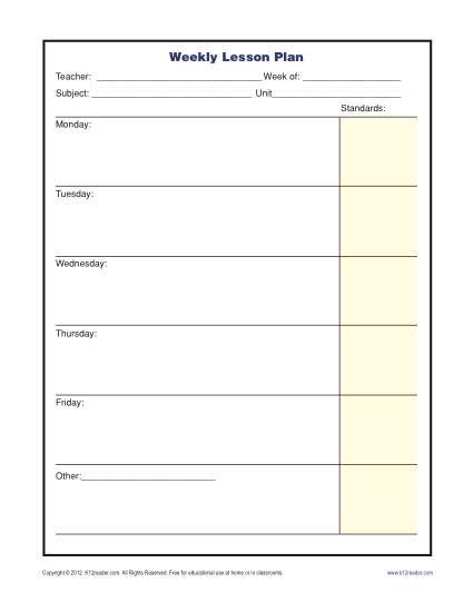 Weekly Lesson Plan Template with Standards - Elementary