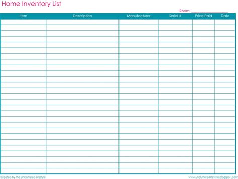 Inventory Tracking Sheet Printable