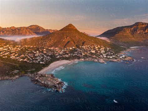 Aerial view of Llandudno beach at sunset, Cape Town, South Africa stock ...