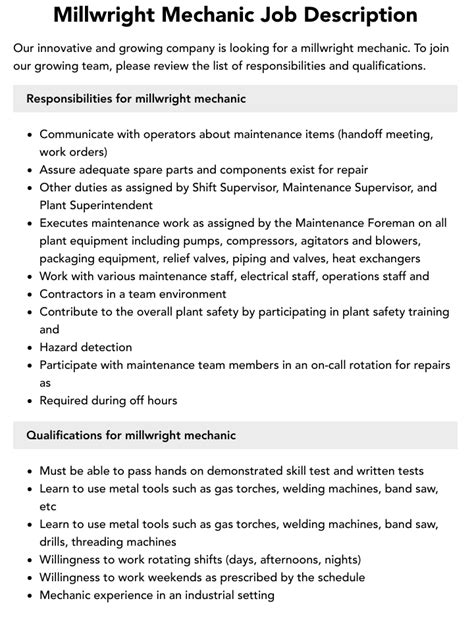 Millwright Mechanic Job Description | Velvet Jobs