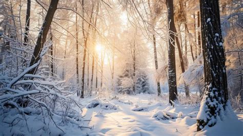 winter wonderland, snowy forest, sunlight through trees, peaceful ...