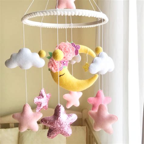 Moon in Flowers Cloud Baby Mobile Girl Mobile Nursery Pink And Yellow ...