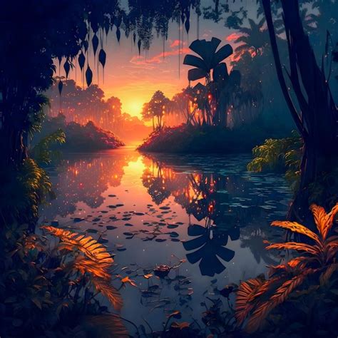 Premium Photo | Beautiful sunset scenery amazon jungle illustartion