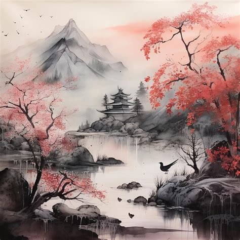 Premium AI Image | Hand Drawn Japanese Landscape Ink Wash Painting