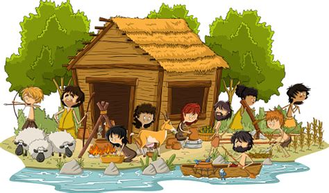 Group Of Cartoon Neolithic People Working Stock Illustration - Download ...