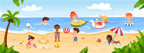 Kids playing at beach. Happy children playing at seaside, swimming in ...