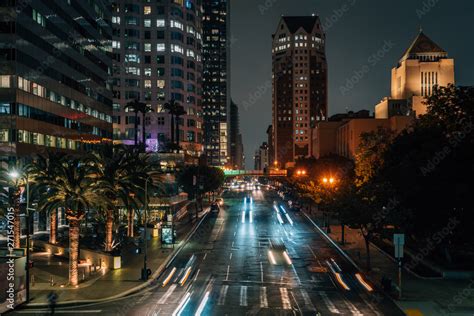 Night cityscape view of 5th street in downtown Los Angeles, California ...