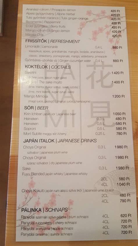 Menu at Hanami Sushi restaurant, Budapest