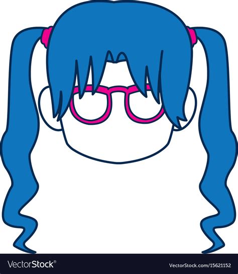 Chibi anime girl face blue hair glasses Royalty Free Vector