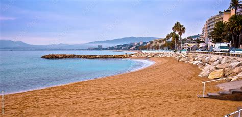 Cannes sand beach and palm waterfront panoramic view Stock Photo ...