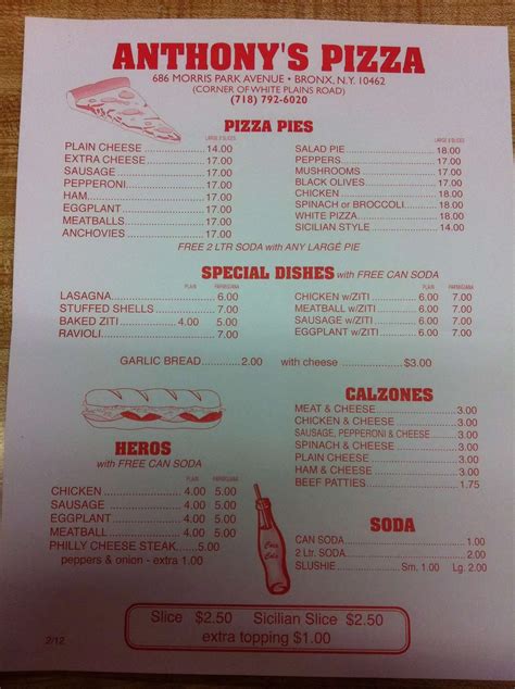 Anthony's Pizza Menu, Menu for Anthony's Pizza, Van Nest, New York City ...