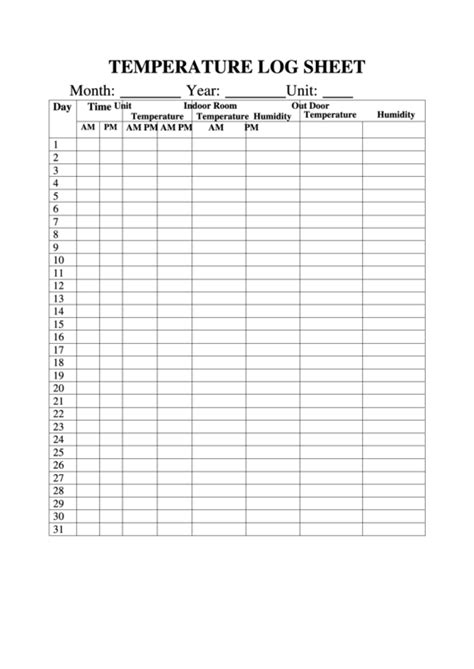 General Temperature Log Sheet printable pdf download