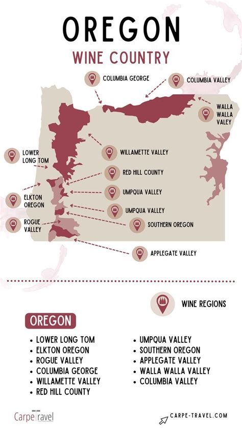 the oregon wine country map is shown in red, white and grey colors with ...