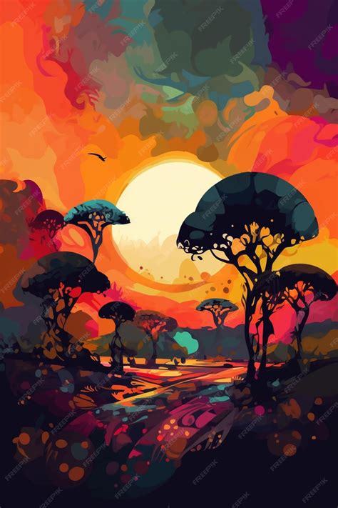 Premium AI Image | A colorful painting of a forest with trees and the ...