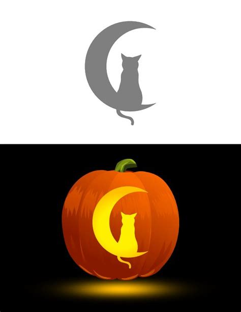 Printable Cat and Crescent Moon Pumpkin Stencil | Cat pumpkin carving ...