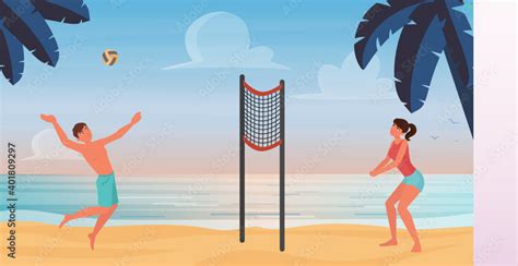 Couple people play beach volleyball vector illustration. Cartoon young ...