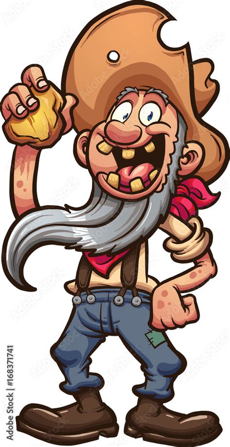 Happy old cartoon prospector holding a piece of gold. Vector clip art ...