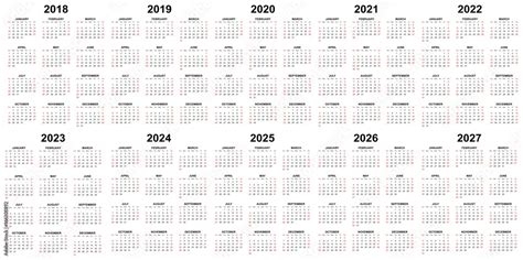 Ten year calendar - 2018, 2019, 2020, 2021, 2022, 2023, 2024, 2025 ...